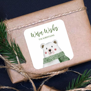 Cute Polar Bear Wearing Green Scarf Christmas Square Sticker