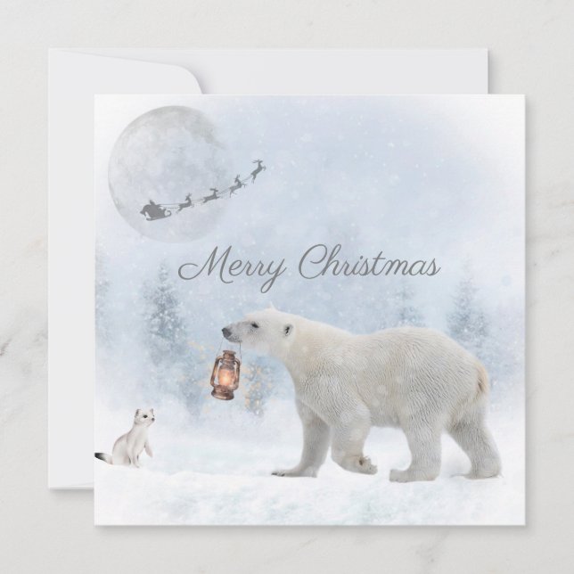Cute Polar Bear Weasel Santa Winter Christmas Holiday Card (Front)