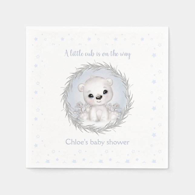 Cute Polar Bear White Winter Boy Baby Shower Napkin (Front)