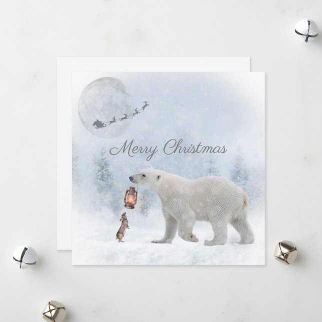 Cute Polar Bear Wild Rabbit Santa Winter Christmas Holiday Card (Front/Back In Situ)