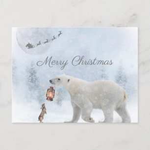 Cute Polar Bear Wild Rabbit Santa Winter Christmas Holiday Postcard