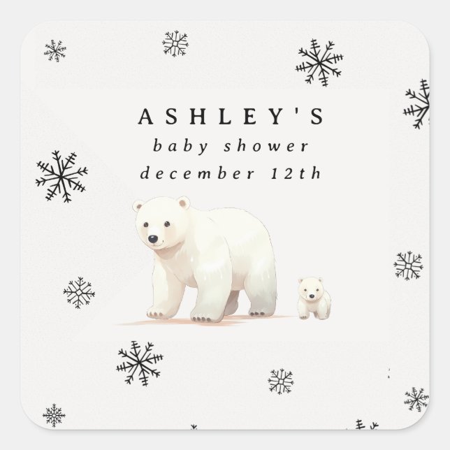 Cute Polar Bear Winter Baby Shower Square Sticker (Front)
