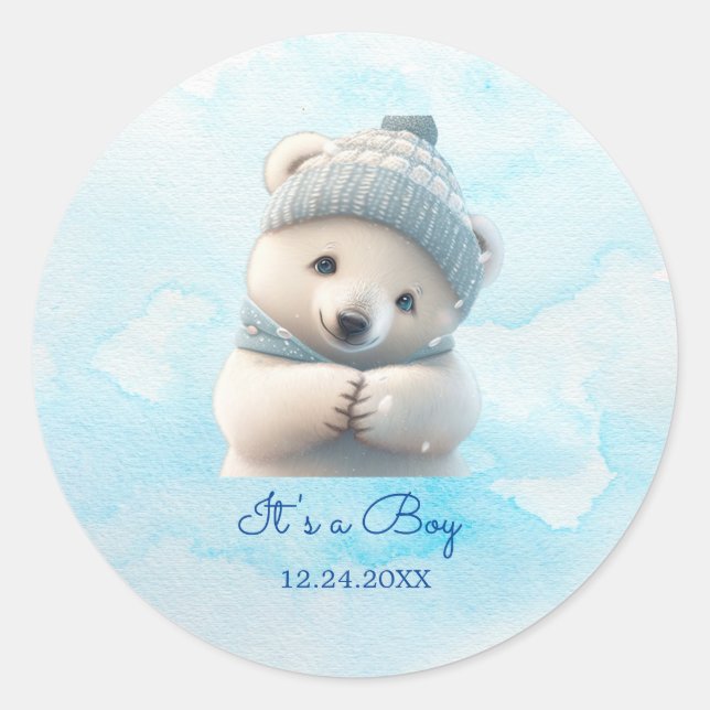 Cute Polar Bear Winter Blue Baby Shower Its Boy Classic Round Sticker (Front)