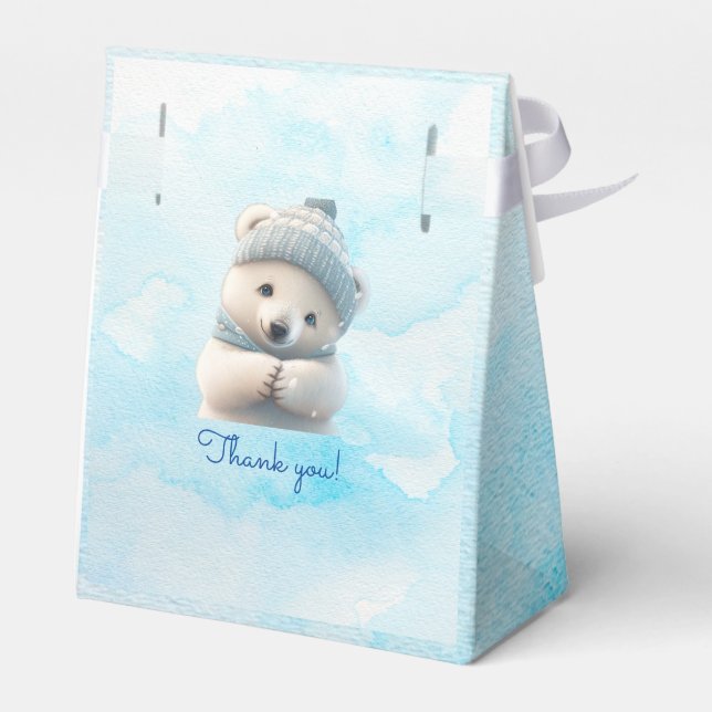 Cute Polar Bear Winter Blue Baby Shower Its Boy Favour Box (Back Side)