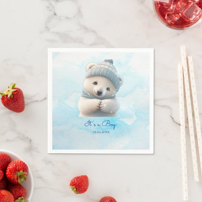 Cute Polar Bear Winter Blue Baby Shower Its Boy Napkin (Insitu)