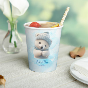 Cute Polar Bear Winter Blue Baby Shower Its Boy Paper Cups