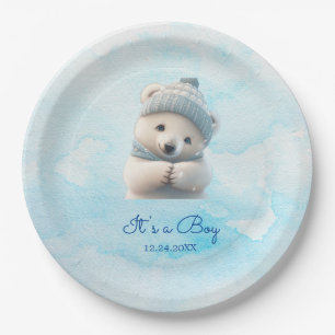 Cute Polar Bear Winter Blue Baby Shower Its Boy Paper Plate