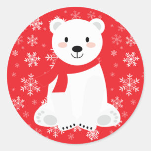 Cute Polar Bear Winter Snowflake Red Classic Round Sticker