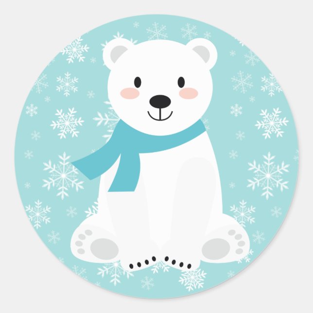 Cute Polar Bear Winter Snowflake Teal Classic Round Sticker (Front)