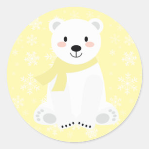Cute Polar Bear Winter Snowflake Yellow Classic Round Sticker