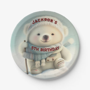Cute Polar Bear Winter Wonderland Skiing Snowflake Paper Plate
