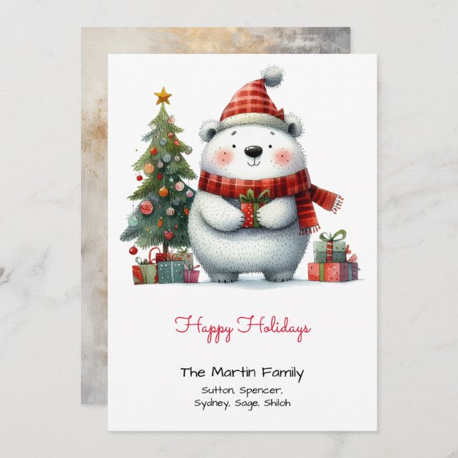 Cute Polar Bear with Christmas Tree Happy  Holiday Card (Front/Back)