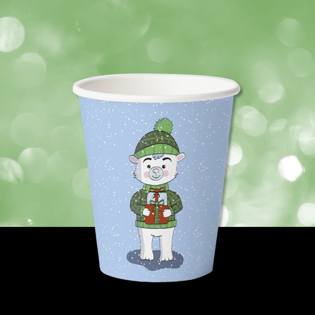Cute Polar Bear with Gifts Blue Holiday Paper Cup (Cute polar bear blue kid friendly Christmas party paper mug .)