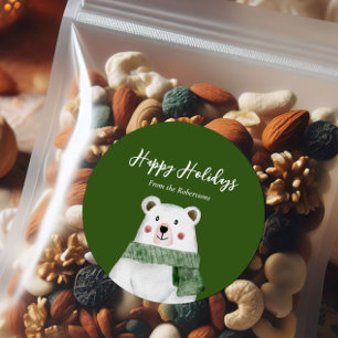 Cute Polar Bear with Green Scarf Happy Holidays Classic Round Sticker