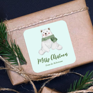 Cute Polar Bear with Green Scarf Merry Christmas Square Sticker