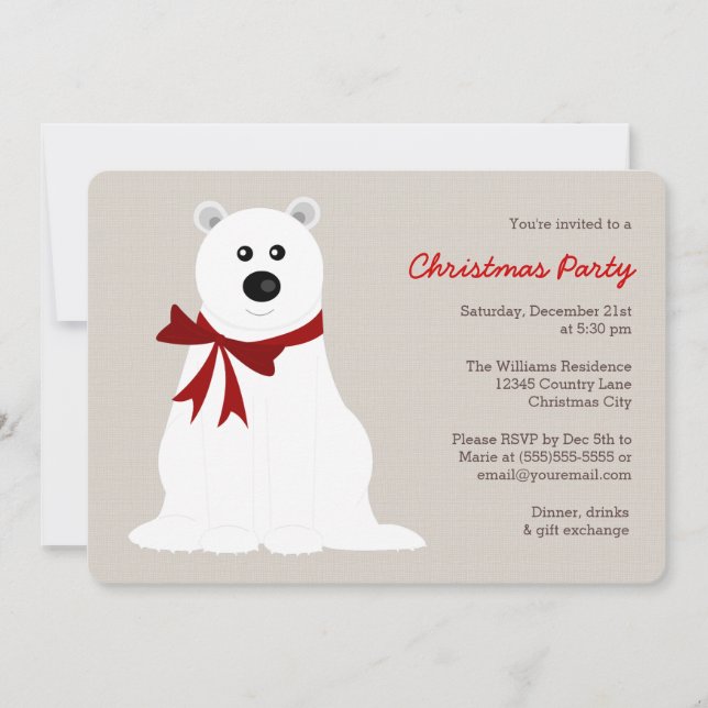 Cute Polar Bear with Red Bow Christmas Party Invitation (Front)