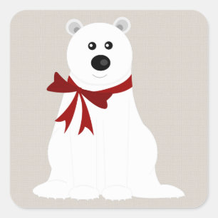 Cute Polar Bear with Red Bow Rustic Holiday Square Sticker