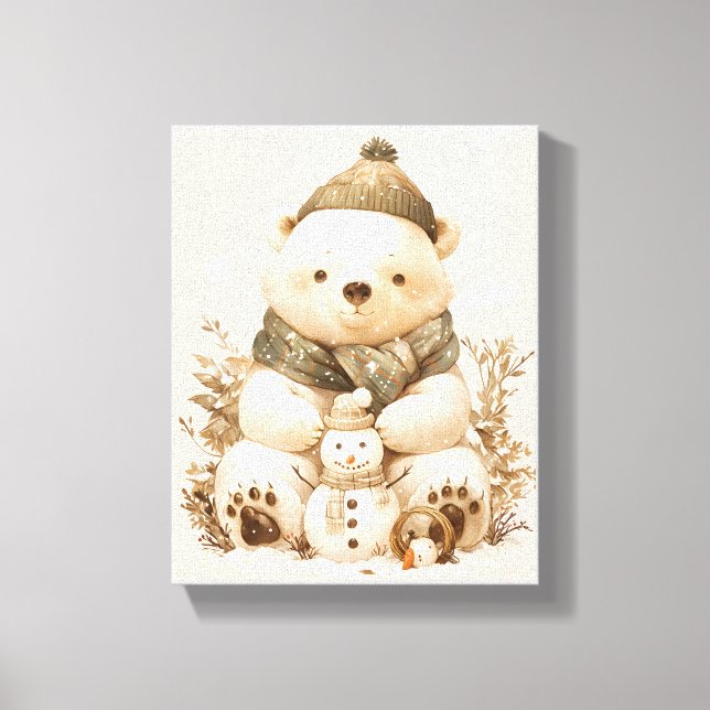 Cute Polar Bear With Snowman Canvas Nursery Decor (Front)
