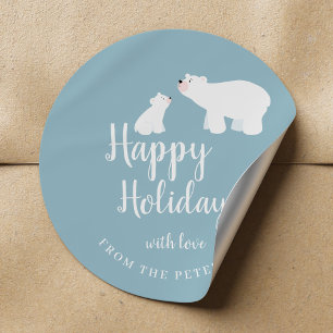 Cute polar bears dusty blue white Happy Holidays Classic Round Sticker
