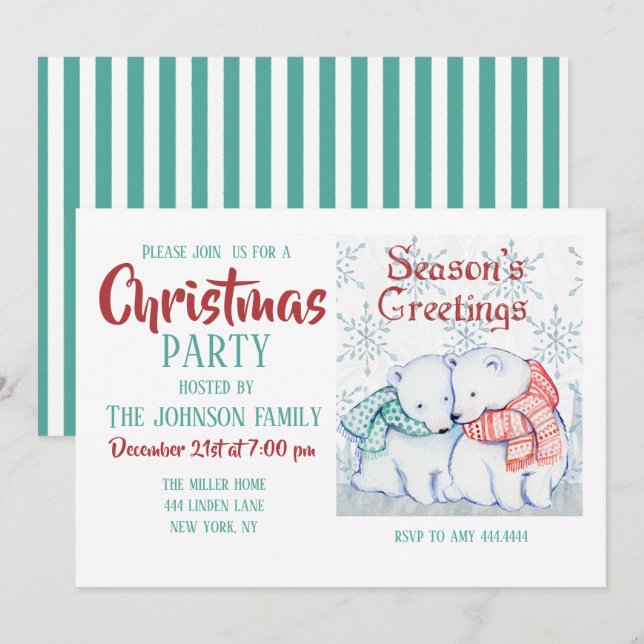 Cute Polar Bears in Red and Green Scarf            Invitation (Front/Back)