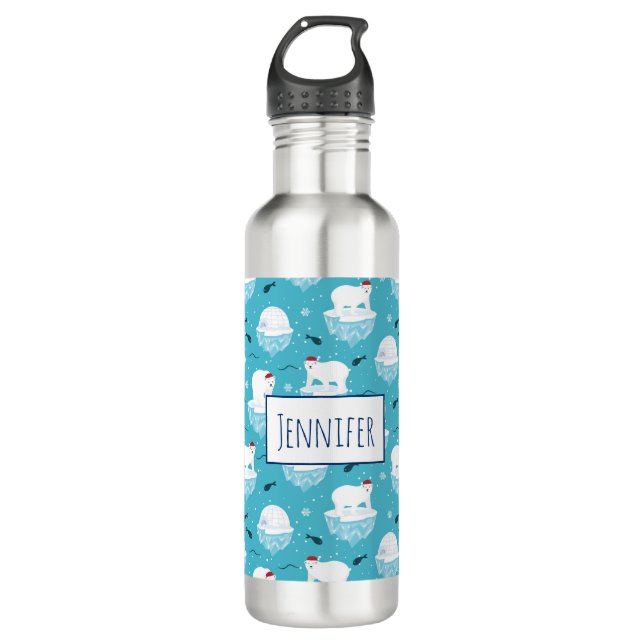 Cute Polar bears in Santa Hats Christmas Pattern 710 Ml Water Bottle (Front)