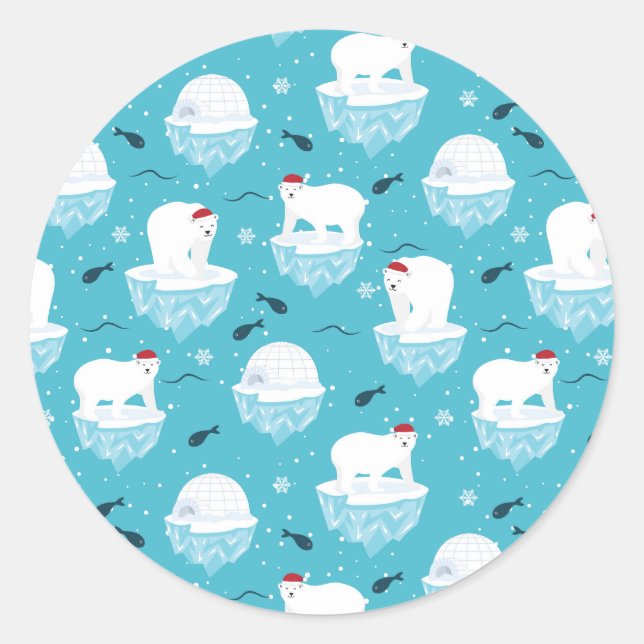 Cute Polar bears in Santa Hats Christmas Pattern Classic Round Sticker (Front)