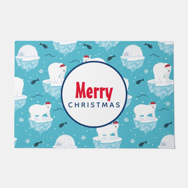 Cute Polar bears in Santa Hats Christmas Pattern Doormat (Front)