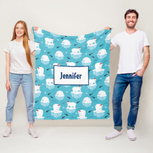 Cute Polar bears in Santa Hats Christmas Pattern Fleece Blanket