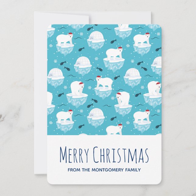 Cute Polar bears in Santa Hats Christmas Pattern Holiday Card (Front)