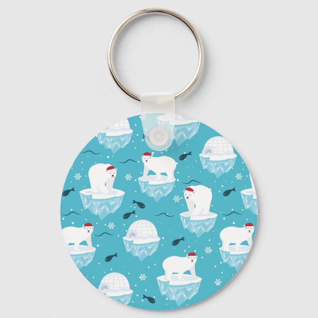 Cute Polar bears in Santa Hats Christmas Pattern Key Ring (Front)