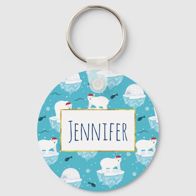 Cute Polar bears in Santa Hats Christmas Pattern Key Ring (Front)