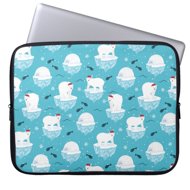 Cute Polar bears in Santa Hats Christmas Pattern Laptop Sleeve (Front)