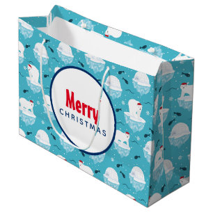 Cute Polar bears in Santa Hats Christmas Pattern Large Gift Bag