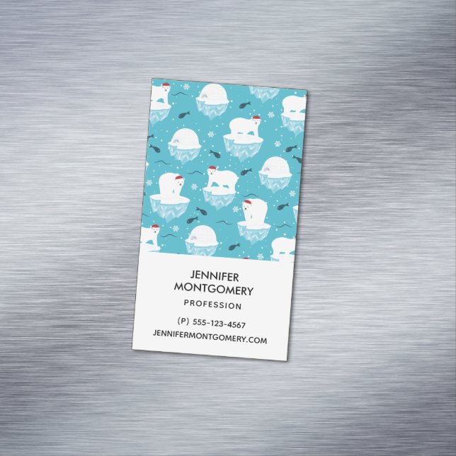 Cute Polar bears in Santa Hats Christmas Pattern Magnetic Business Card (In Situ)