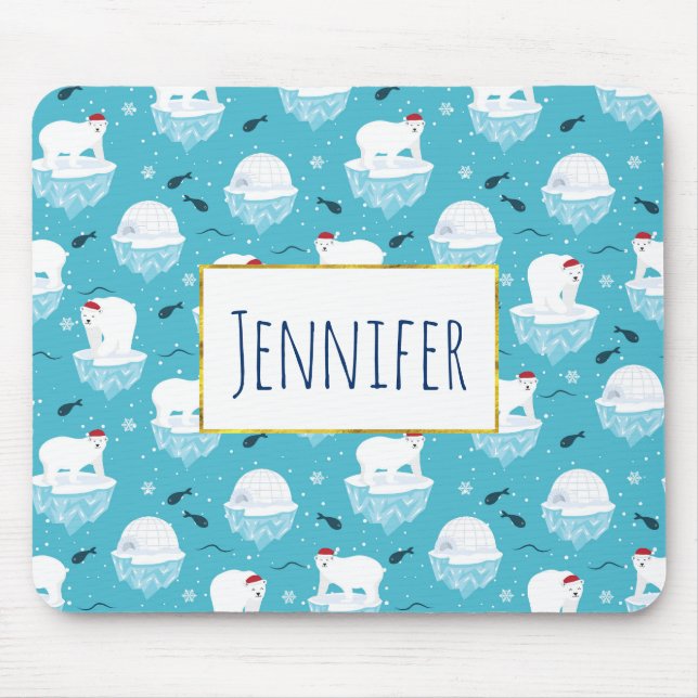 Cute Polar bears in Santa Hats Christmas Pattern Mouse Mat (Front)