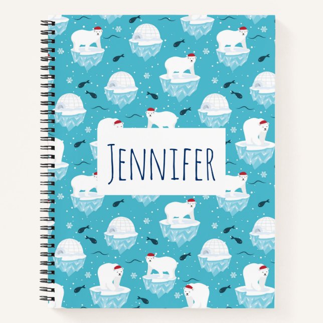 Cute Polar bears in Santa Hats Christmas Pattern Notebook (Front)