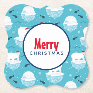 Cute Polar bears in Santa Hats Christmas Pattern Paper Coaster
