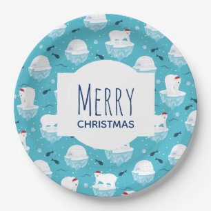 Cute Polar bears in Santa Hats Christmas Pattern Paper Plate