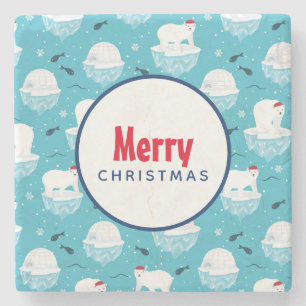 Cute Polar bears in Santa Hats Christmas Pattern Stone Coaster