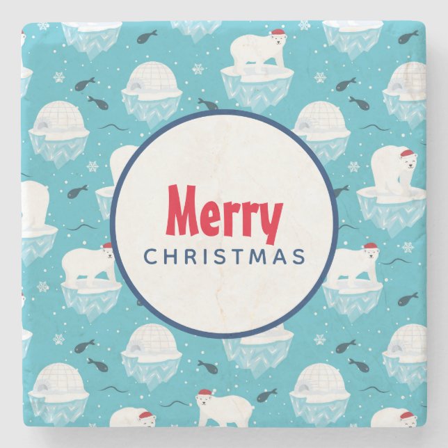 Cute Polar bears in Santa Hats Christmas Pattern Stone Coaster (Front)