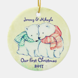 Cute Polar Bears in Scarves "Our First Christmas" Ceramic Tree Decoration
