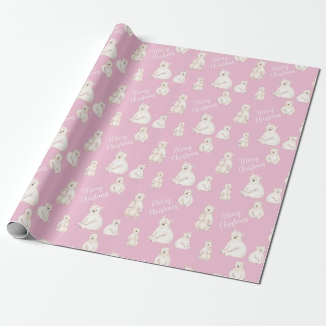 Cute polar bears Merry Christmas pink Wrapping Paper (Unrolled)