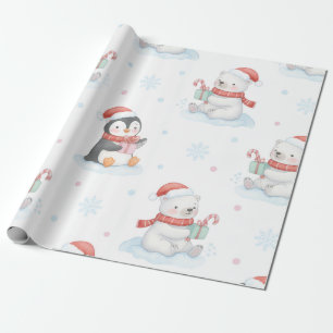 Cute Polar Bears Penguins Christmas Wrapping Paper