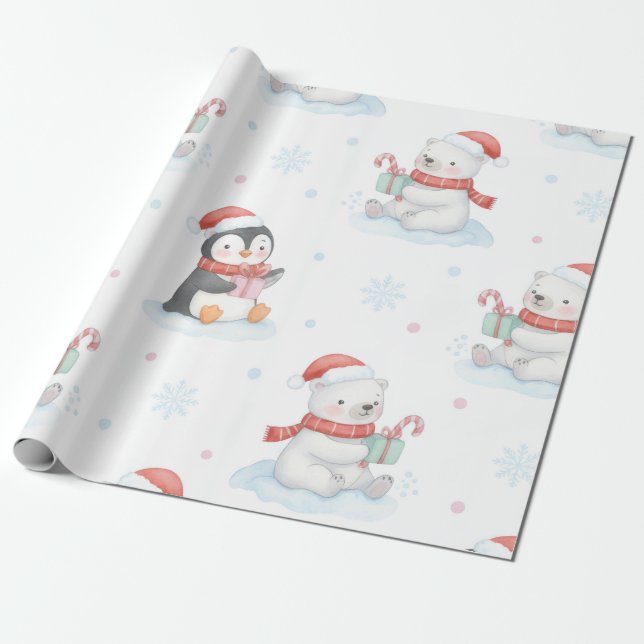 Cute Polar Bears Penguins Christmas Wrapping Paper (Unrolled)