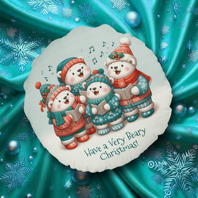 Cute Polar Bears Sing Have a Very Beary Christmas! Round Cushion (Cute Polar Bears Sing Have a Very Beary Christmas Round Throw Pillow Cover Photo)