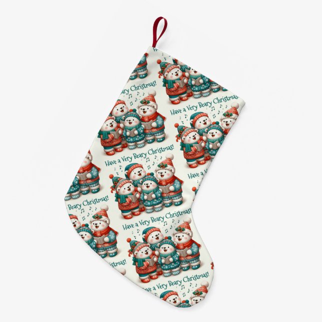 Cute Polar Bears Sing Have a Very Beary Christmas! Small Christmas Stocking (Front (Hanging))