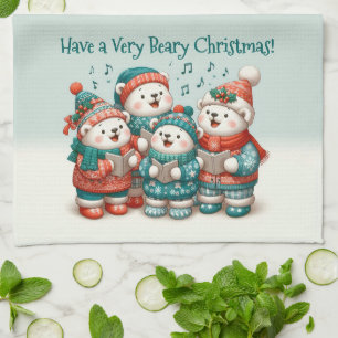 Cute Polar Bears Sing Have a Very Beary Christmas! Tea Towel
