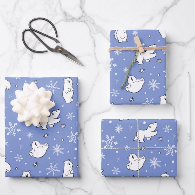 Cute Polar Bears Whimsical Snowflakes Winter Wrapping Paper Sheet (Front)