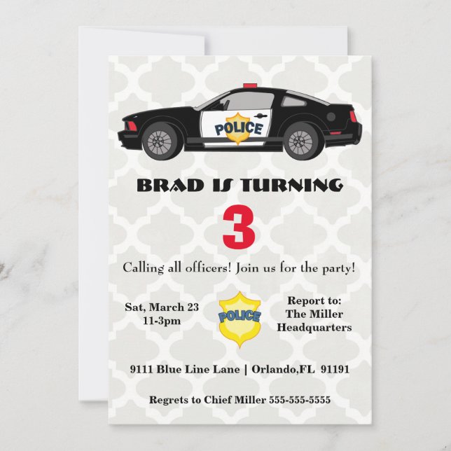 Cute Police Car Birthday Invitation (Front)