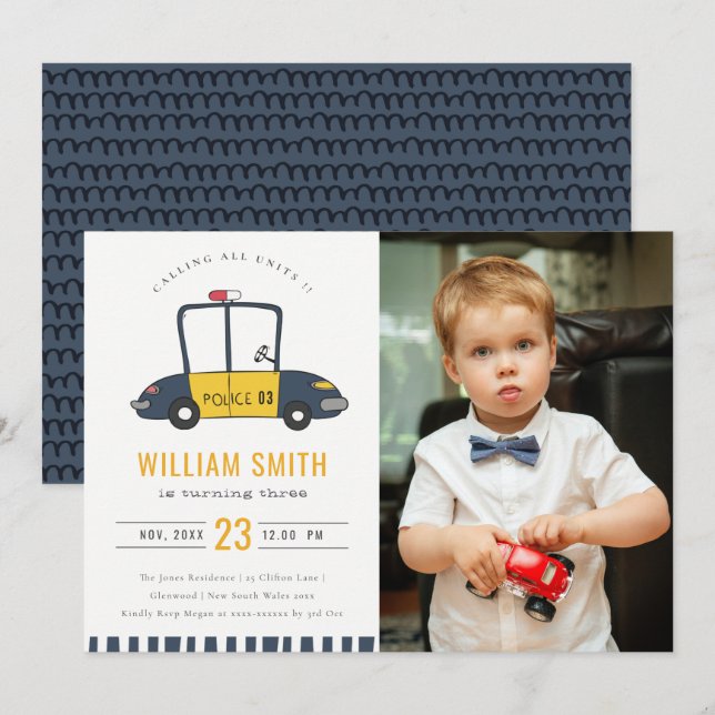 Cute Police Car Kids Photo Any Age Birthday Invite (Front/Back)